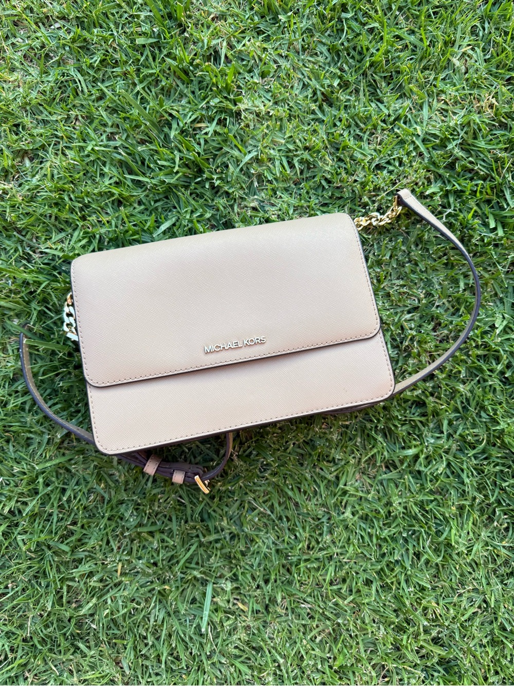 Michael Kors Taupe Saffiano Leather Crossbody with Gold Hardware